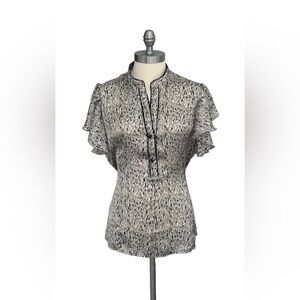 George Women’s Blouse Pull Over Ruffle Sleeve V-Neck Buttons Tie Waist Size M